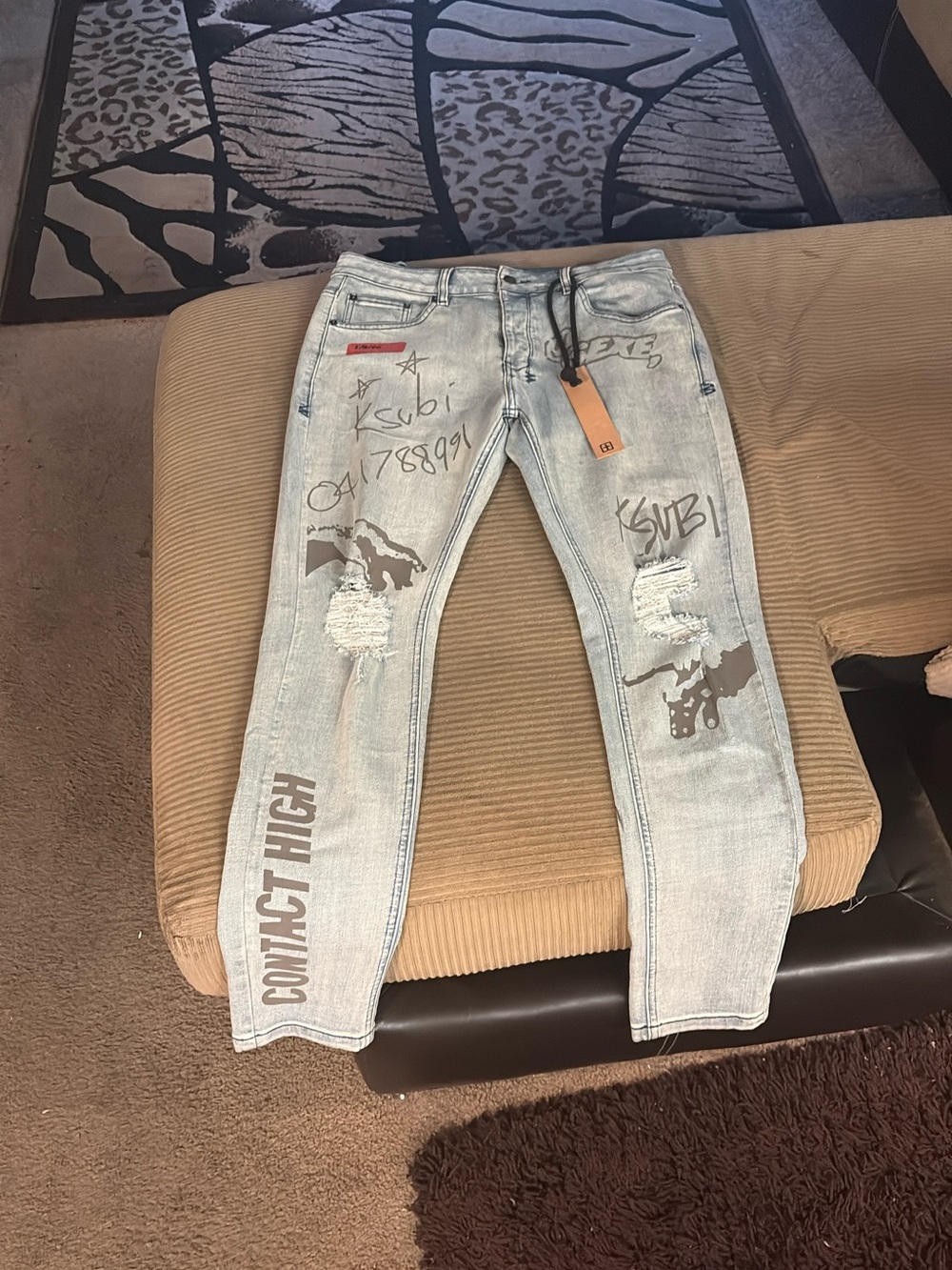 Blue & Cream Ksubi Light Wash Skinny Jeans with Graffiti Graphic